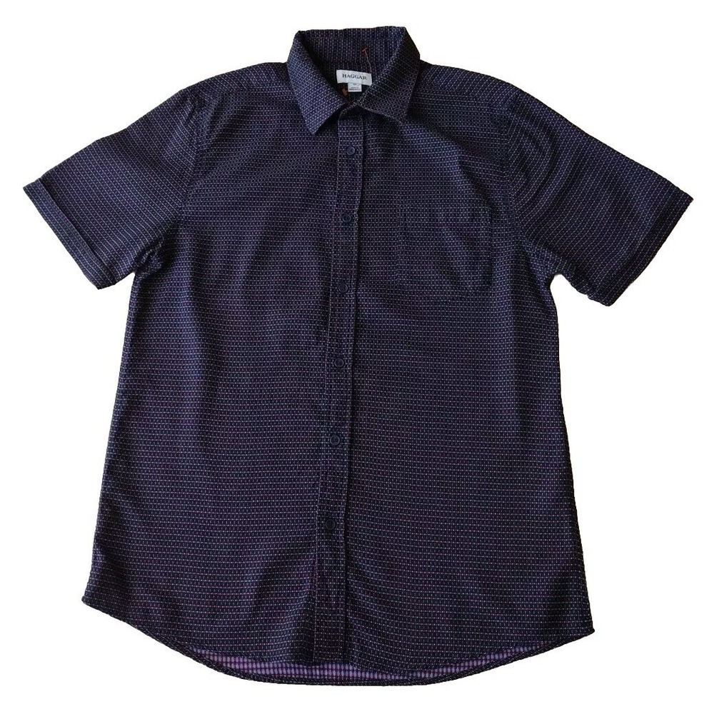 Haggar Button Up Shirt Men‎ M Blue Red AOP Short Sleeve Pocket Casual Office